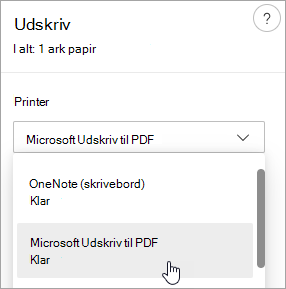 Skærmbillede, der viser valg af Microsoft Udskriv til PDF