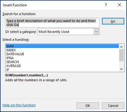 Excel-formler – dialogboksen "Indsæt funktion"