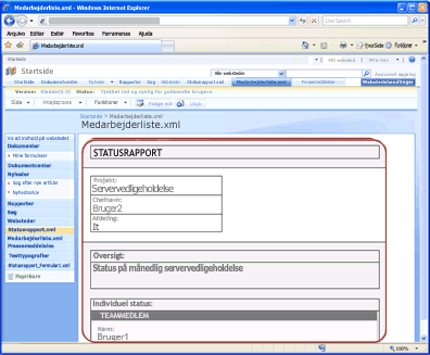 Eksempel på en statusrapportformular konverteret til en webside i Office SharePoint Server 2007
