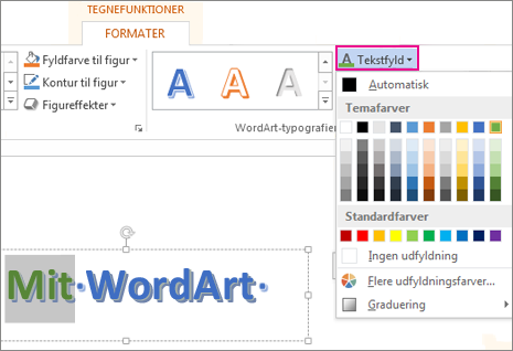 Galleriet Fyldfarve til tekst findes under fanen Tegnefunktioner – Formatér