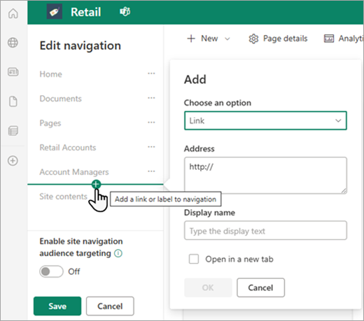 Skærmbillede, der viser nogle af de brugerdefinerede navigationsindstillinger for en SharePoint-side.