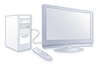 En pc, der er sluttet til et tv og en Windows Media Center-fjernbetjening