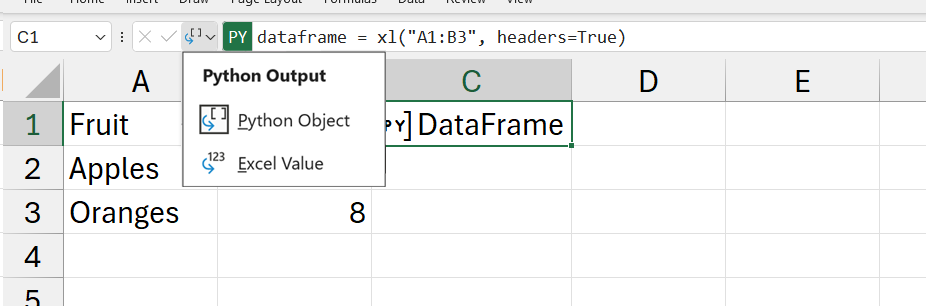 Den åbne Python-outputmenu i Excel.