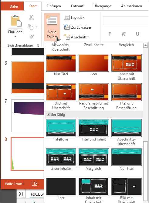 Klicken Sie auf den Pfeil neben „Neue Folie“, um Masterfolien auszuwählen
