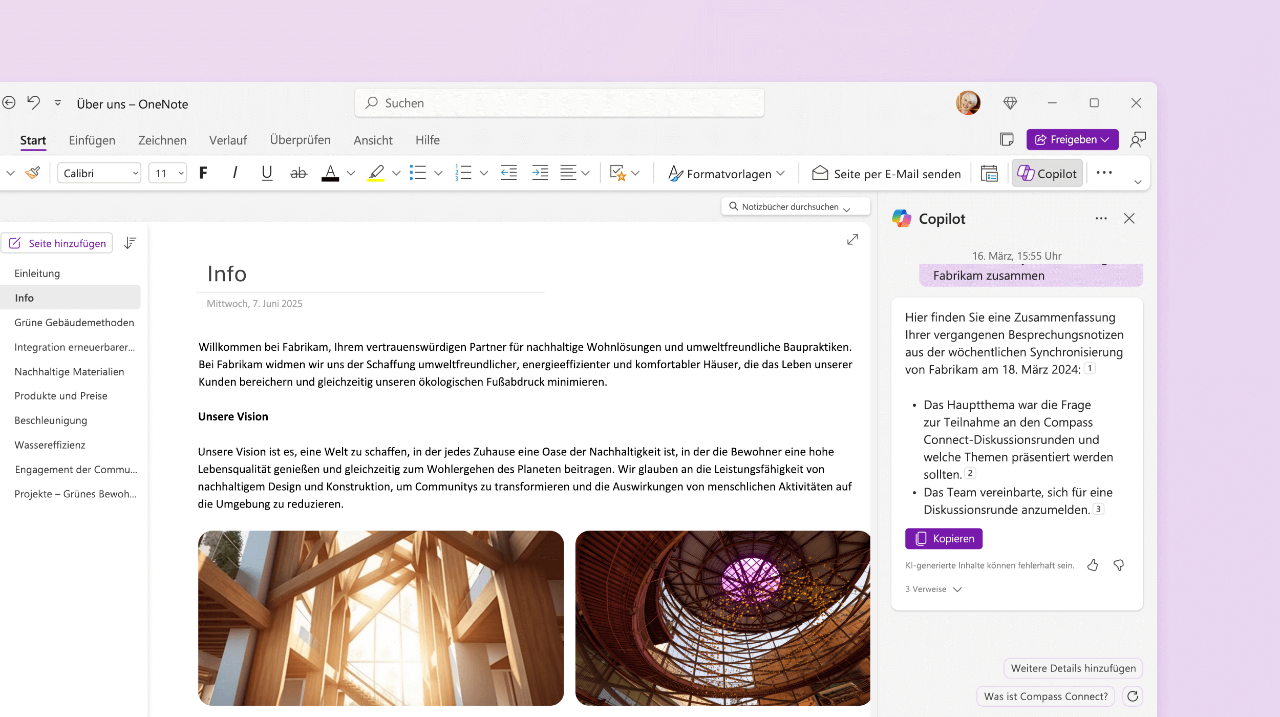 Der Screenshot zeigt die Zusammenfassung der Notiz durch Copilot in OneNote.