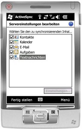 Aktivieren des Kontrollkästchens 'Textnachrichten' unter Windows Mobile 6.5