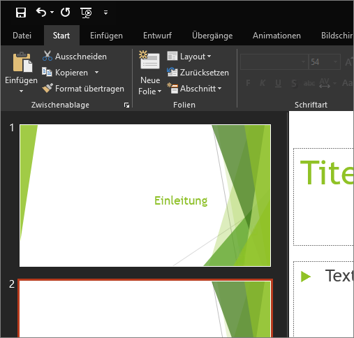 Zeigt das Design "Schwarz" in PowerPoint 2016 für Windows.