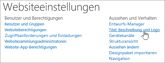 Websiteeinstellungen mit ausgewähltem Titel, Beschreibung, Logo