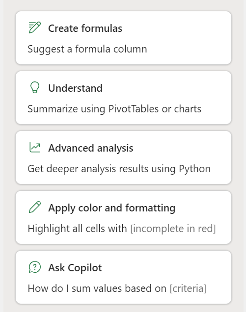 Screenshot mit Karten, die die Fähigkeiten für Excel Copilot anzeigen