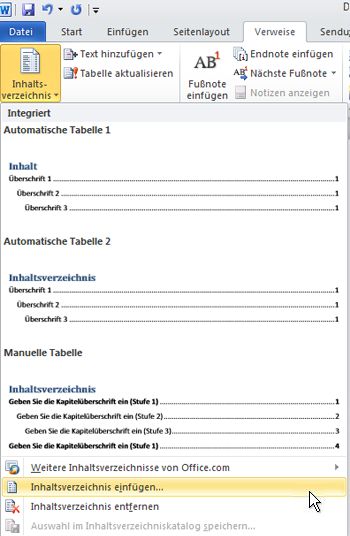 Formatieren Oder Anpassen Eines Inhaltsverzeichnisses - Word