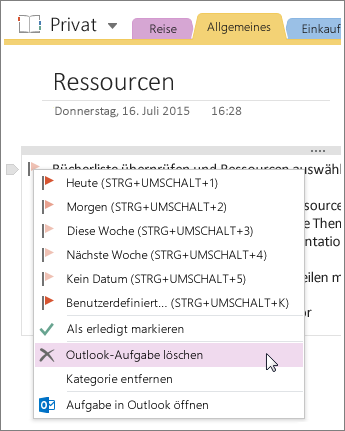 Screenshot zum Löschen einer Outlook-Aufgabe in OneNote 2016
