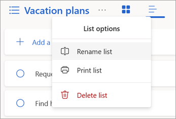 Wählen Sie weitere Optionen neben einem Listennamen aus, um die Liste umzubenennen, zu drucken oder zu löschen.