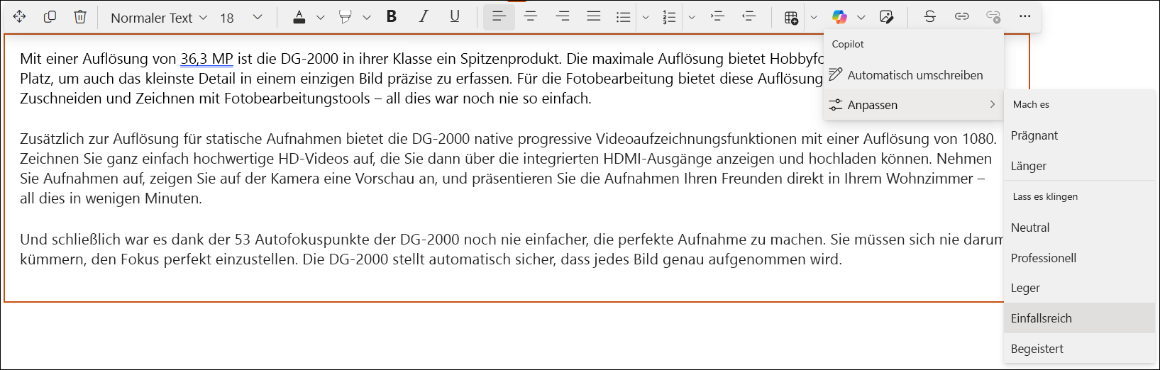 Screenshot einer Schnellansicht von Copilot im SharePoint-Editor