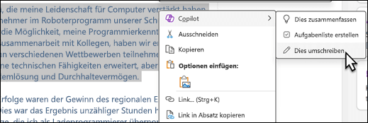 In OneNote ausgewählter Text. Das Kontextmenü wird angezeigt, wobei „Copilot“ ausgewählt ist und im Untermenü „Umschreiben“ ausgewählt ist.