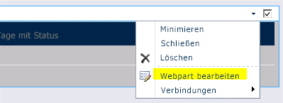Befehl 'Webpart bearbeiten' im Menü 'Webpart'