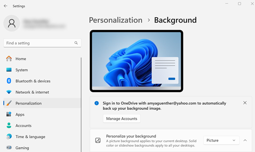 Zeigt die Hintergrundoptionen mit "Personalize your background" (Ihren Hintergrund personalisieren) oben neben einer Liste an, die Sie für Optionen erweitern können.