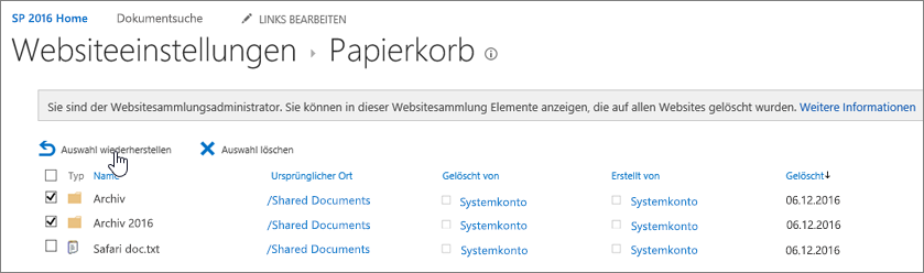 Endgültiger Papierkorb in SharePoint mit hervorgehobener Schaltfläche zum Wiederherstellen