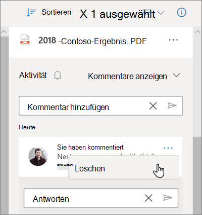 Der OneDrive-Detailbereich mit Kommentaren, die in einer freigegebenen Datei Links angezeigt werden, und die für einen Kommentar ausgewählte Option "Löschen"