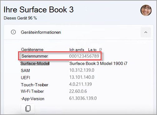 Ermitteln der Seriennummer Ihres Surface-Geräts in der Surface-App.