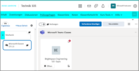 Screenshot eines D2L Brightspace-Kurses, in dem das Feature "Microsoft-Klassen" hervorgehoben ist.