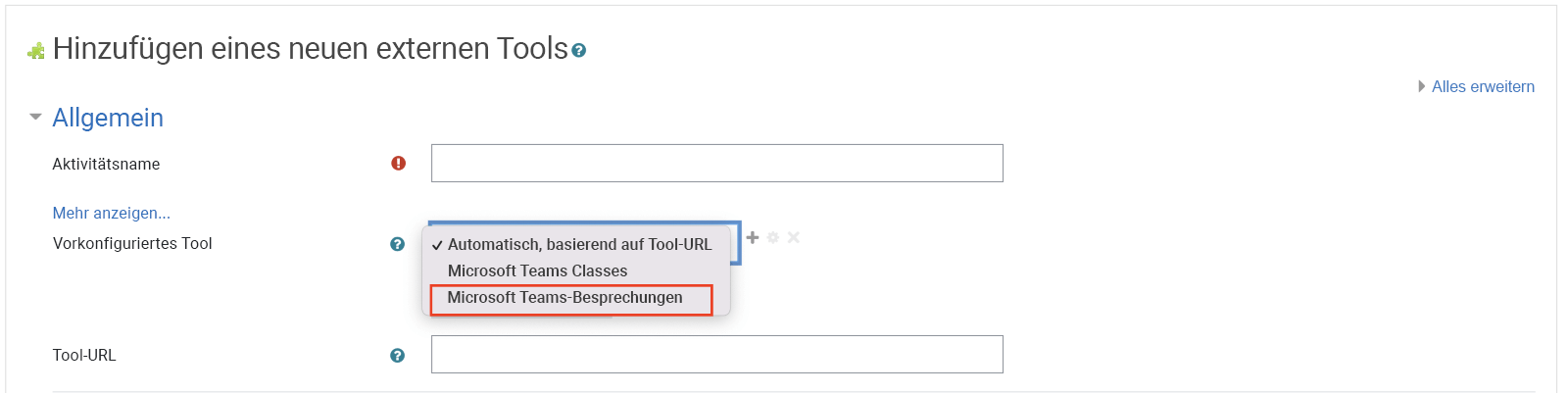 Screenshot von Moodle, „Teams-Besprechungen“ wird aus der Dropdownliste „vorkonfiguriertes Tool“ ausgewählt.