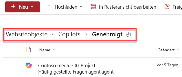 Screenshot der Ordnerstruktur, in der ein genehmigter Copilot-Agent gespeichert wird