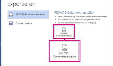 Schaltfläche "PDF/XPS-Dokument erstellen" auf der Registerkarte "Exportieren" in Word 2016