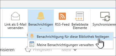 Registerkarte "Bibliothek" mit Hervorhebung von "Benachrichtigung für diese Bibliothek festlegen"