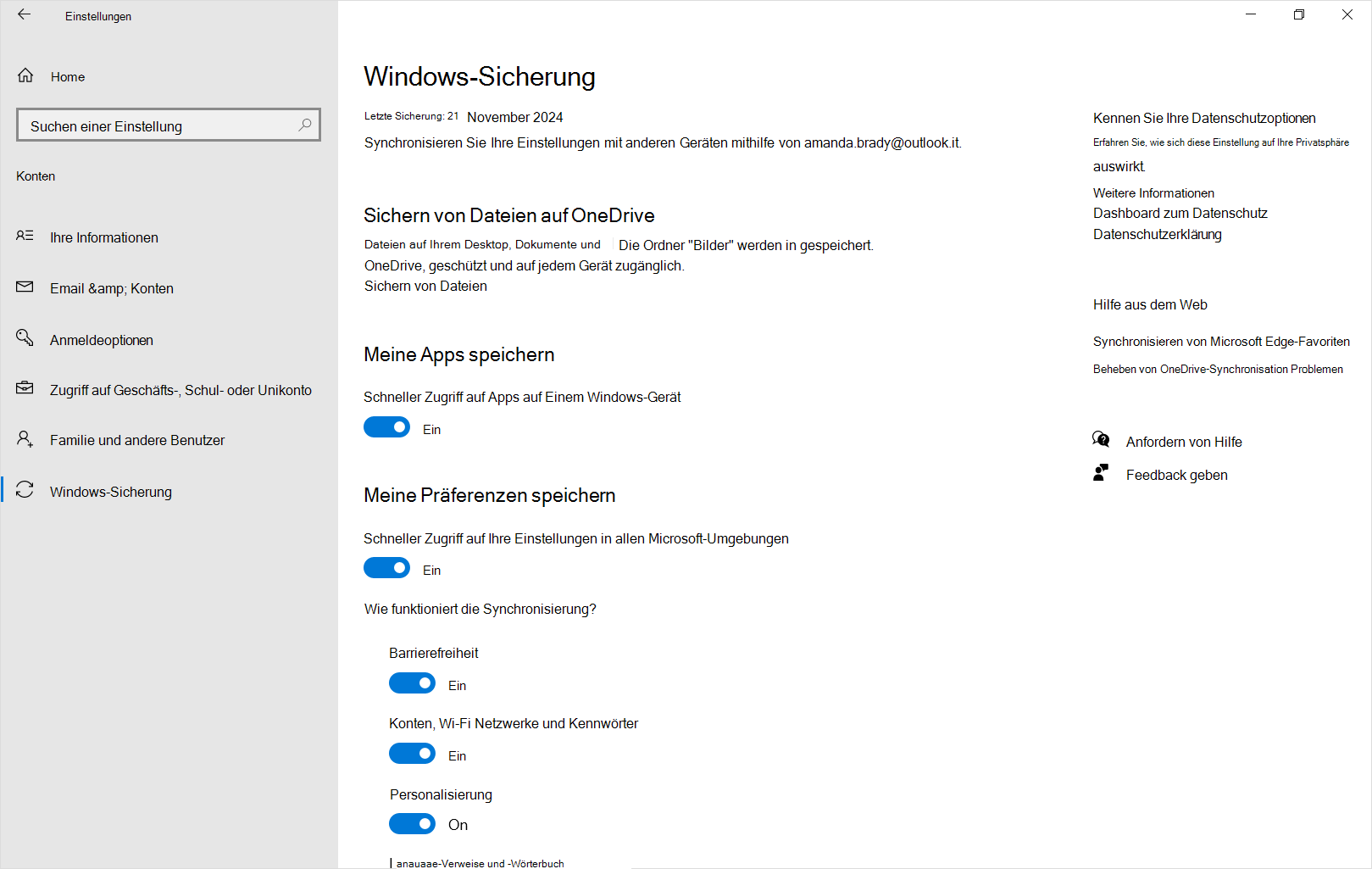 Screenshot: Einstellungen Windows-Sicherung in Windows 10.