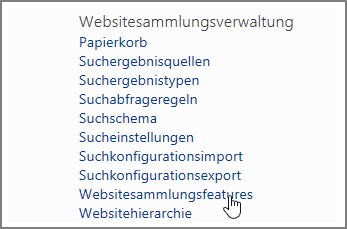 Website Sammlungs Feature, das im Menü "Websitesammlungsverwaltung" unter "Einstellungen" ausgewählt ist