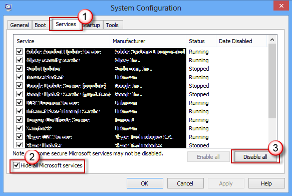 Systemkonfiguration – Registerkarte "Dienste" – Kontrollkästchen "Alle Microsoft-Dienste ausblenden" aktiviert – Alle deaktivieren