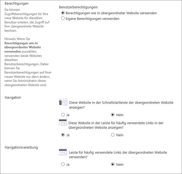 Untere Hälfte des Dialogfelds "Website erstellen"