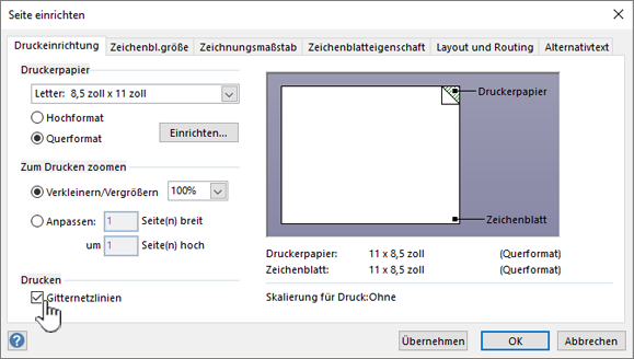 Klicken Sie auf das Kontrollkästchen Gitternetzlinien.