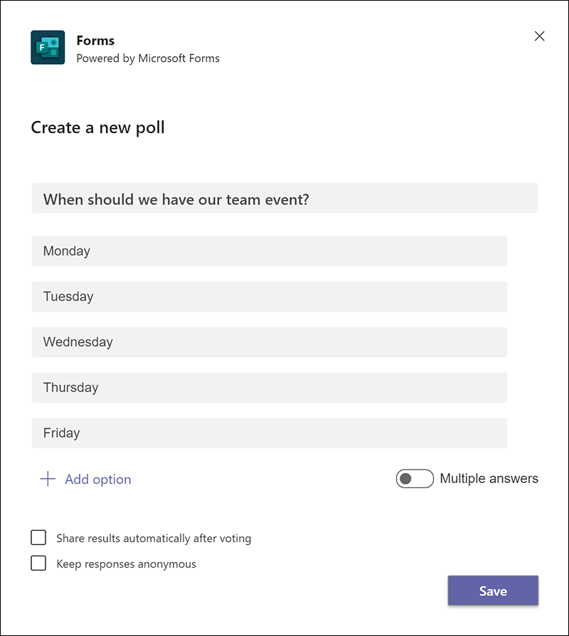 Erstellen Sie eine neue Umfrage in Microsoft Teams.