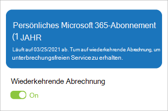 Zeigt ein Microsoft 365 Single-Abonnement mit aktivierter wiederholter Abrechnung.