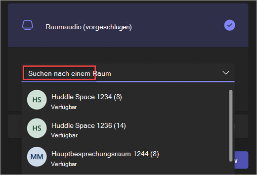 Screenshot der Suchleiste für die Option "Raumaudio" im Teams-Besprechungs-Prejoin-Bildschirm.