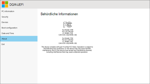 Der Info-Bildschirm für Surface UEFI