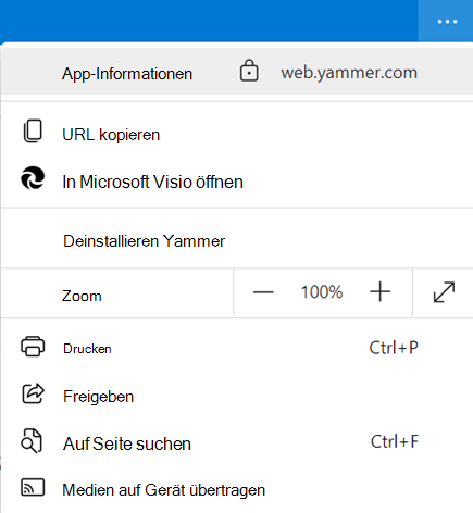 Screenshot mit Anwendungsinformationen für die Yammer Desktop-App
