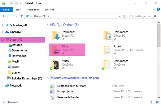 Übersichtliches Datei-Explorer-Fenster in Windows mit dem markierten Ordner "Bilder"