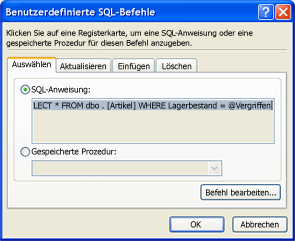 Dialogfeld 'Benutzerdefinierte SQL-Befehle bearbeiten' mit SQL-Anweisung