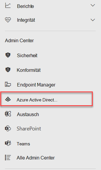 Das Admin Center-Menü in Microsoft 365 mit hervorgehobenem Azure Active Directory Admin Center.
