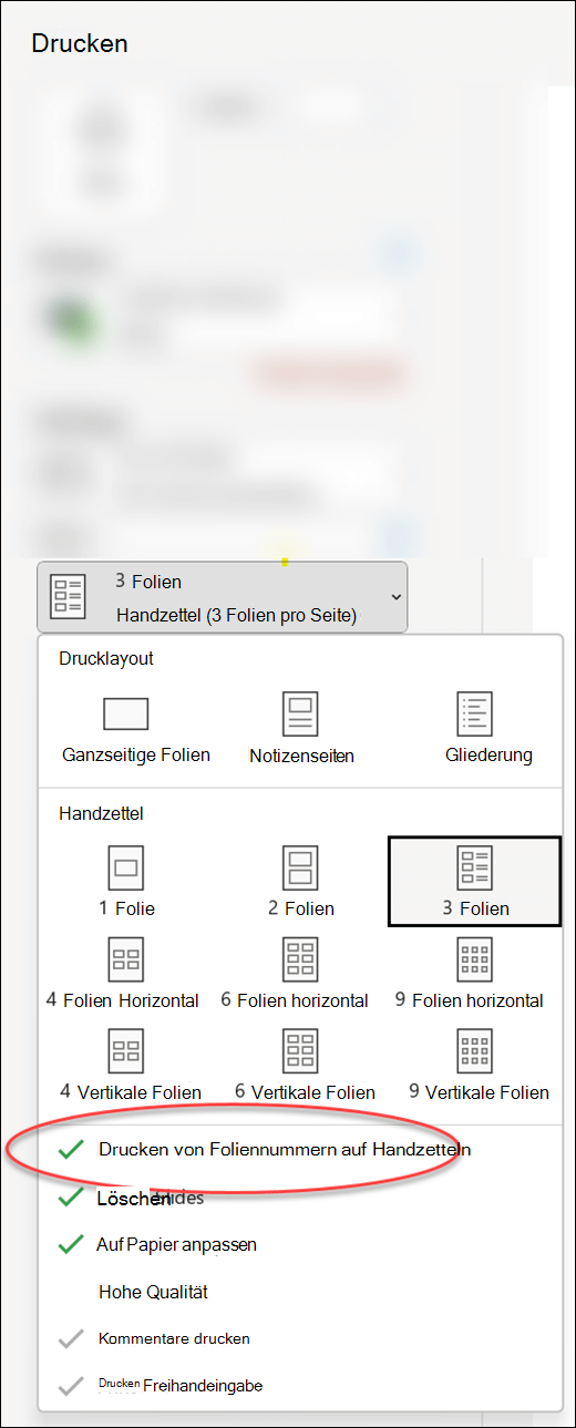 Das Dialogfeld Drucken in PowerPoint mit der Option zum Drucken von Foliennummern auf Handzetteln.