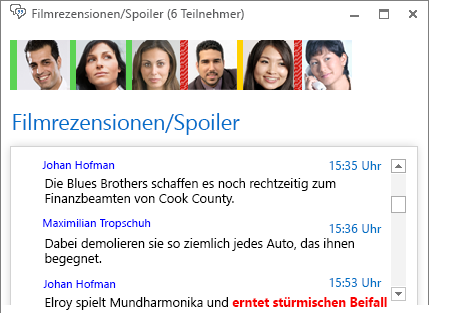 Screenshot des Chatroomfensters mit einem neuen Post mit fetter roter Schrift und Emoticon