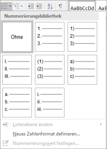 Screenshot der Optionen für Nummerierungsformate