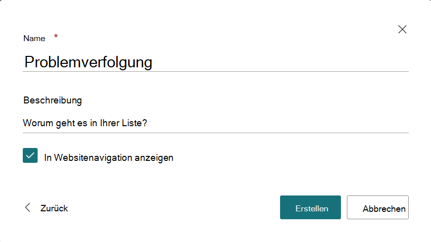 Dialogfeld zum Angeben eines Namens und einer Beschreibung der neuen Liste