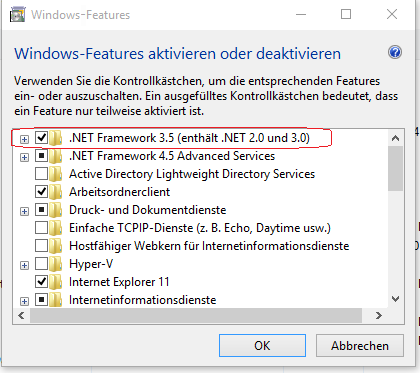 Klicken Sie im Fenster „Features auswählen“ auf „.NET Framework 3.5 (umfasst .NET 2.0 und 3.0)“.
