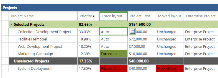 Sie können den Auswahlstatus von Projekten im Projektraster auf der Seite Kosten Einschränkungs Analyse anzeigen.