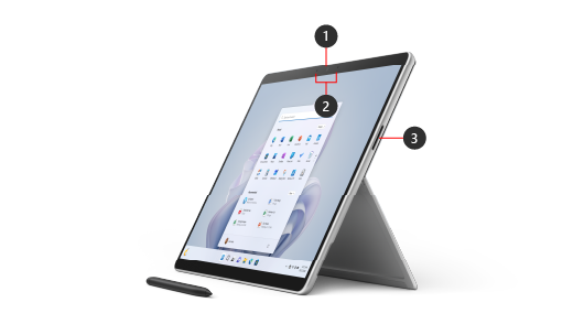 Surface Pro 9 mit der Kennzeichnung 1: Windows Hello und frontseitige Kamera, 2: Studio-Mikrofone, 3: Ladeanschluss