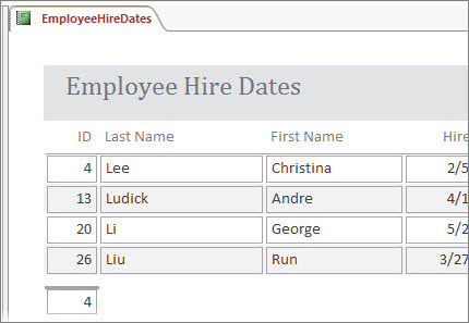 Gefilterter Mitarbeiterbericht mit Mitarbeitern, deren Nachnamen mit "L" beginnen.