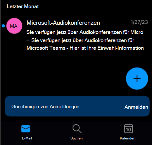 Ein Posteingang in Outlook Mobile mit einem Banner am unteren Bildschirmrand mit einer Schaltfläche "Anmelden".